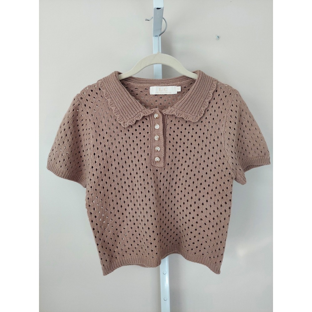 Lizette Collection Womens Tan Open Knit Pointelle Polo Sweater Top Size M